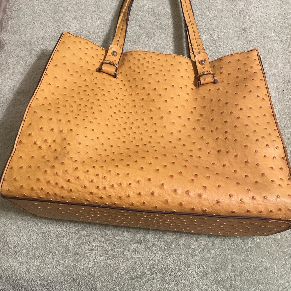 Merona Genuine Ostrich Leather Tote Bag Yellow Mustard Shoulder Bag - Picture 6 of 16